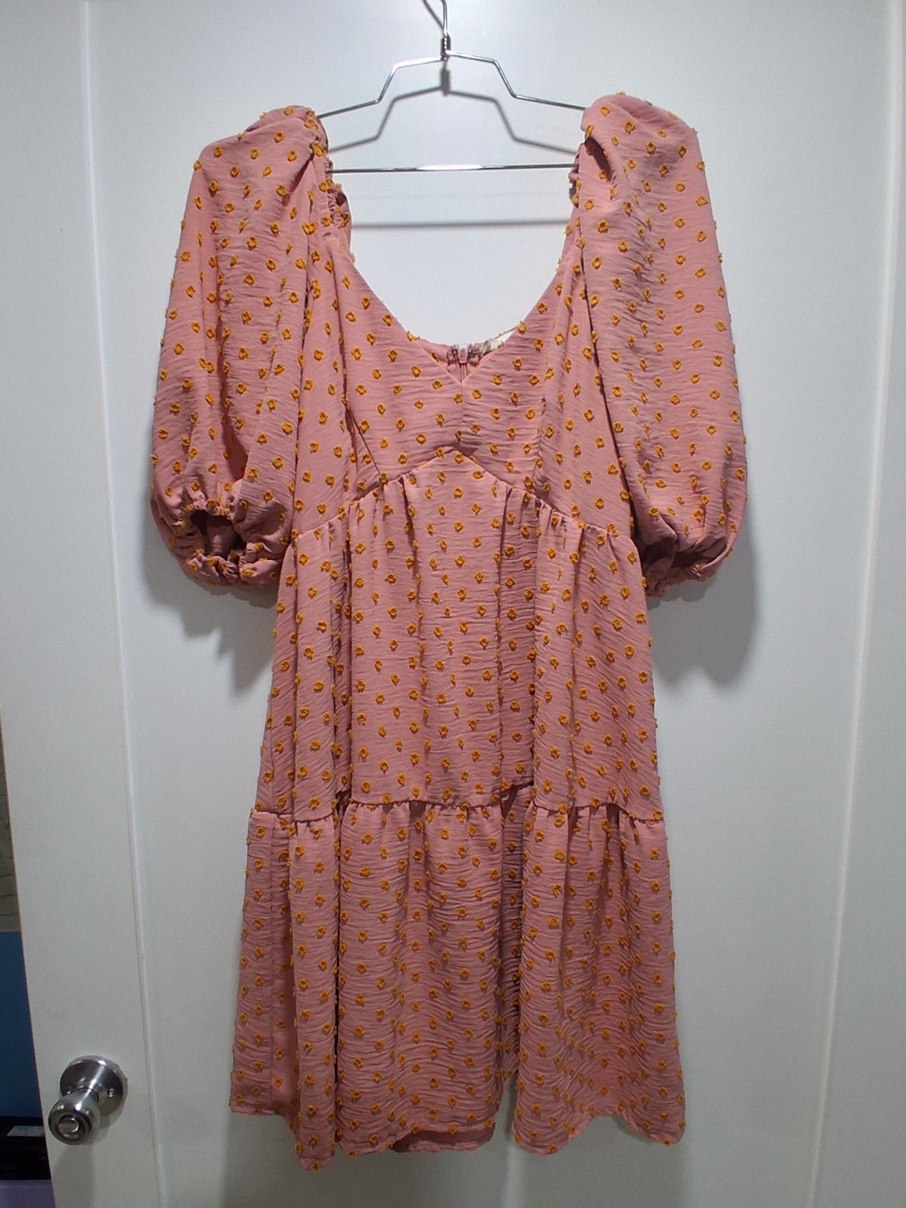 Millibon Dark Pink Puff-Sleeve Tiered Midi Dress with Yellow Dots S